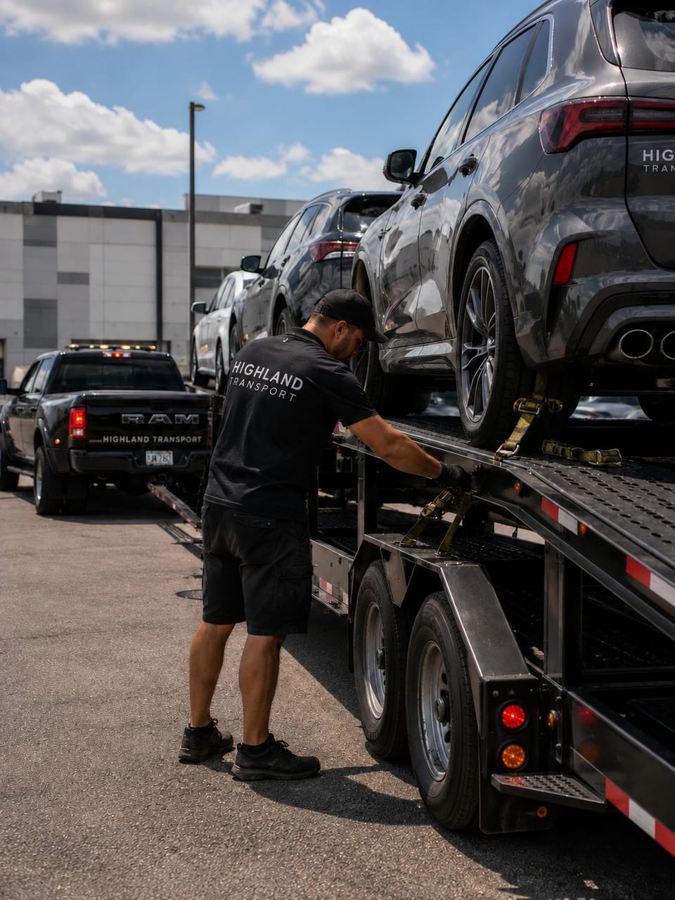 A Highland Transport crew member tightening a wheel strap on a loaded SUV
