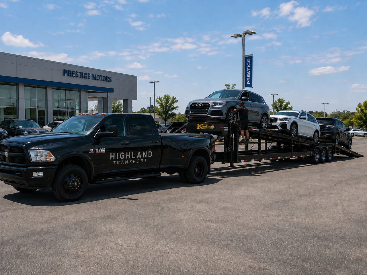 A Highland Transport crew member loading an SUV onto the trailer at a dealership lot