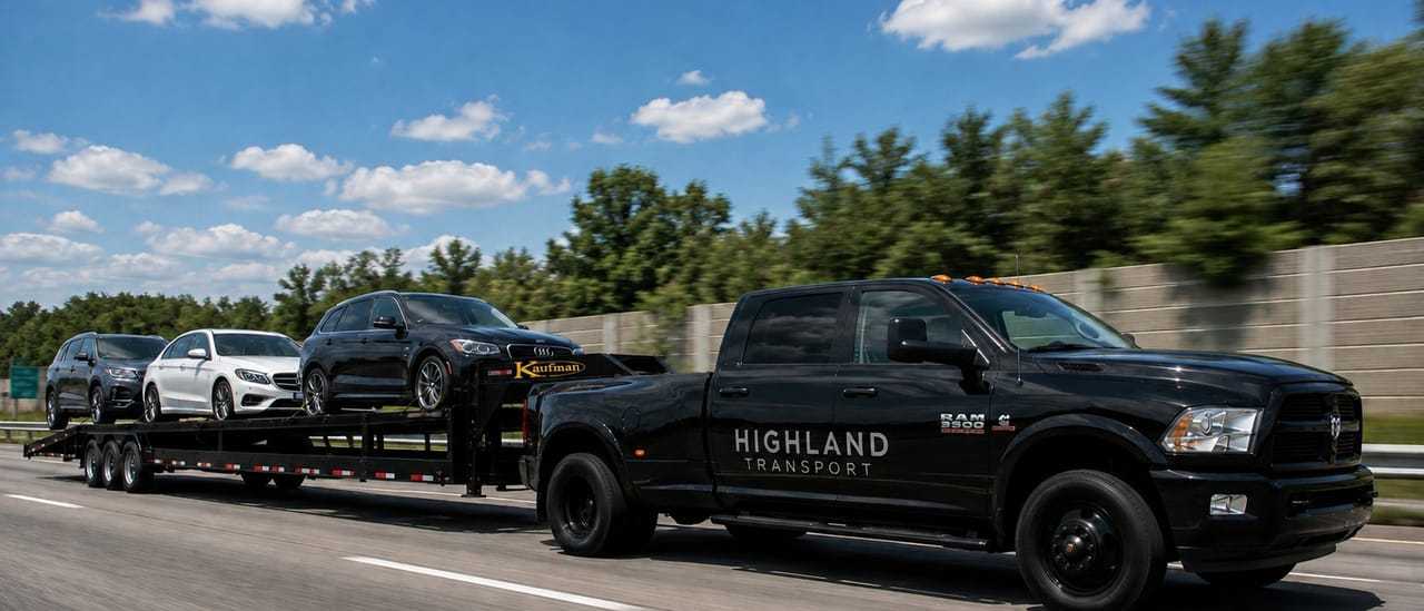 A Highland Transport car hauler carrying four vehicles at speed on the interstate