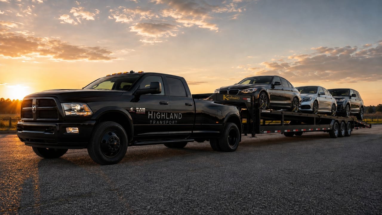 A black Highland Transport Ram 3500 towing a loaded car-hauler trailer at sunset